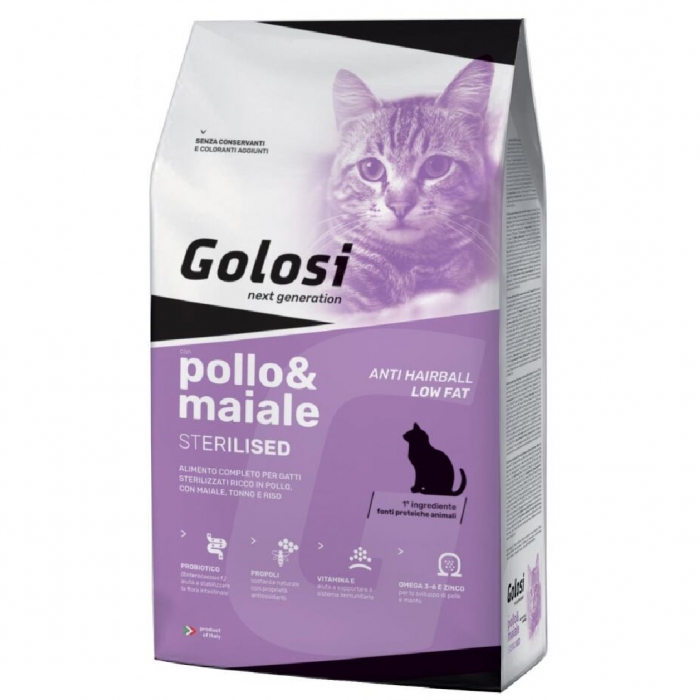 Foto Golosi - Cat Adult Sterilised Low Fat and Anti-Hairball al Pollo e Maiale da 20 Kg